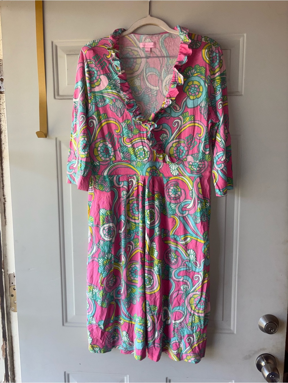 Lilly Pulitzer Pink, Teal & Yellow Ruffle V-Neck Day Dress